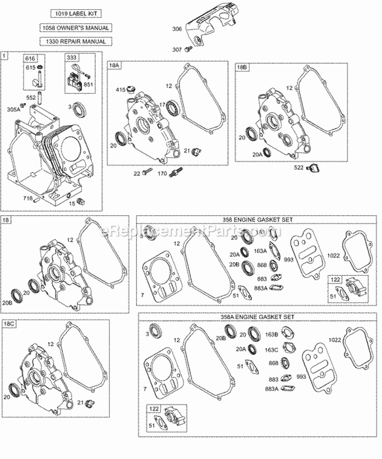 Crankcase CoverSump Cylinder KitsGaskets - Engine Diagram and Parts List for 126412-0216-E1  Briggs and Stratton Engine